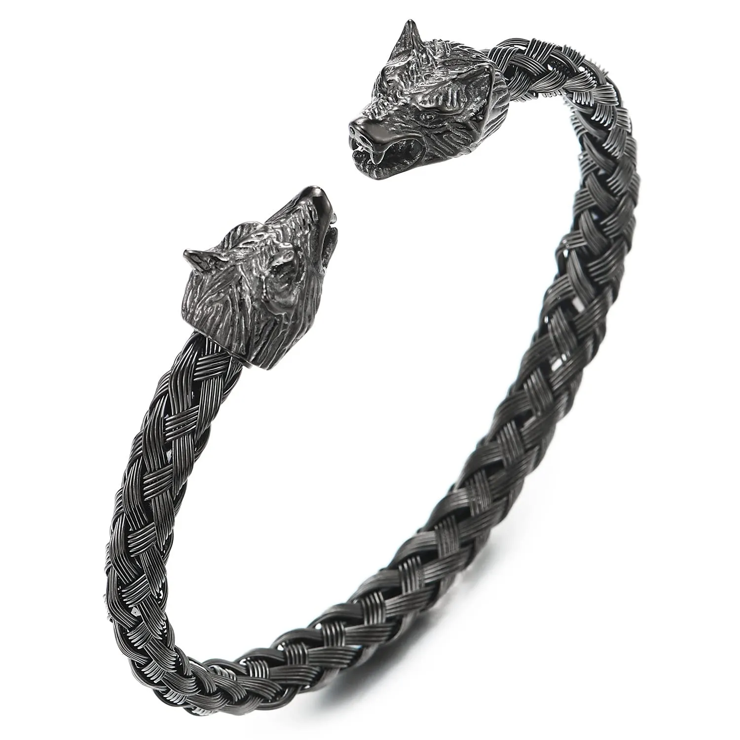 COOLSTEELANDBEYOND Mens Wolf Head Bracelet Steel Braided Cable Bangle Cuff Bracelet Polished, Adjustable