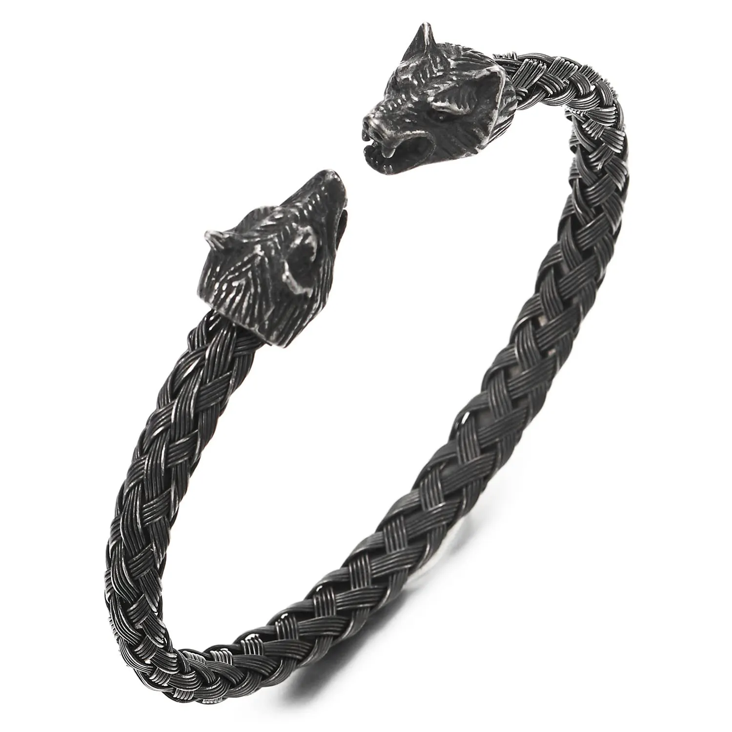 COOLSTEELANDBEYOND Mens Wolf Head Bracelet Steel Braided Cable Bangle Cuff Bracelet Polished, Adjustable