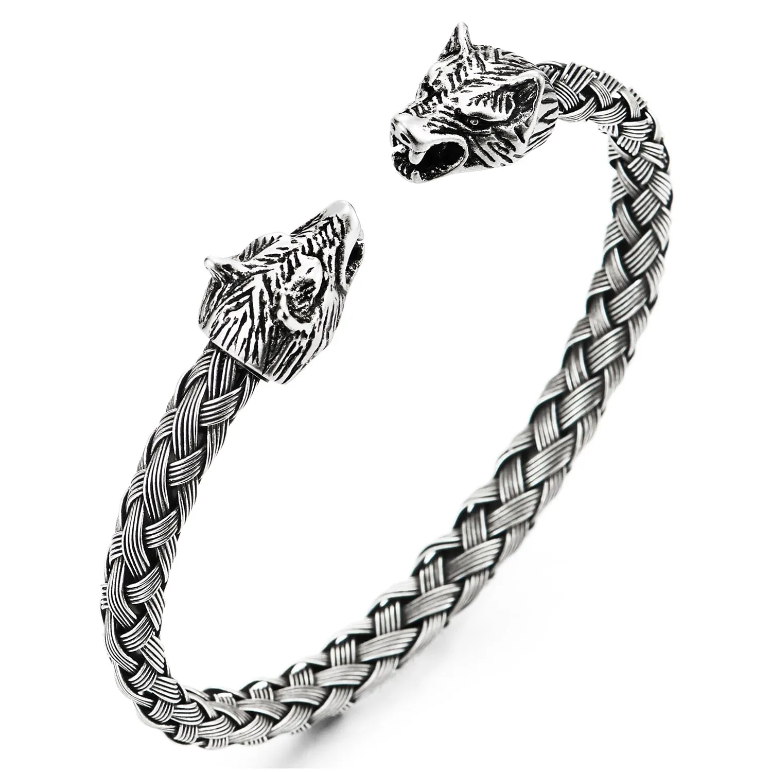 COOLSTEELANDBEYOND Mens Wolf Head Bracelet Steel Braided Cable Bangle Cuff Bracelet Polished, Adjustable