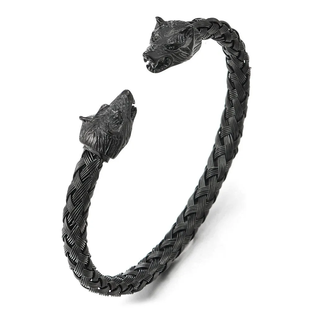 COOLSTEELANDBEYOND Mens Wolf Head Bracelet Steel Braided Cable Bangle Cuff Bracelet Polished, Adjustable