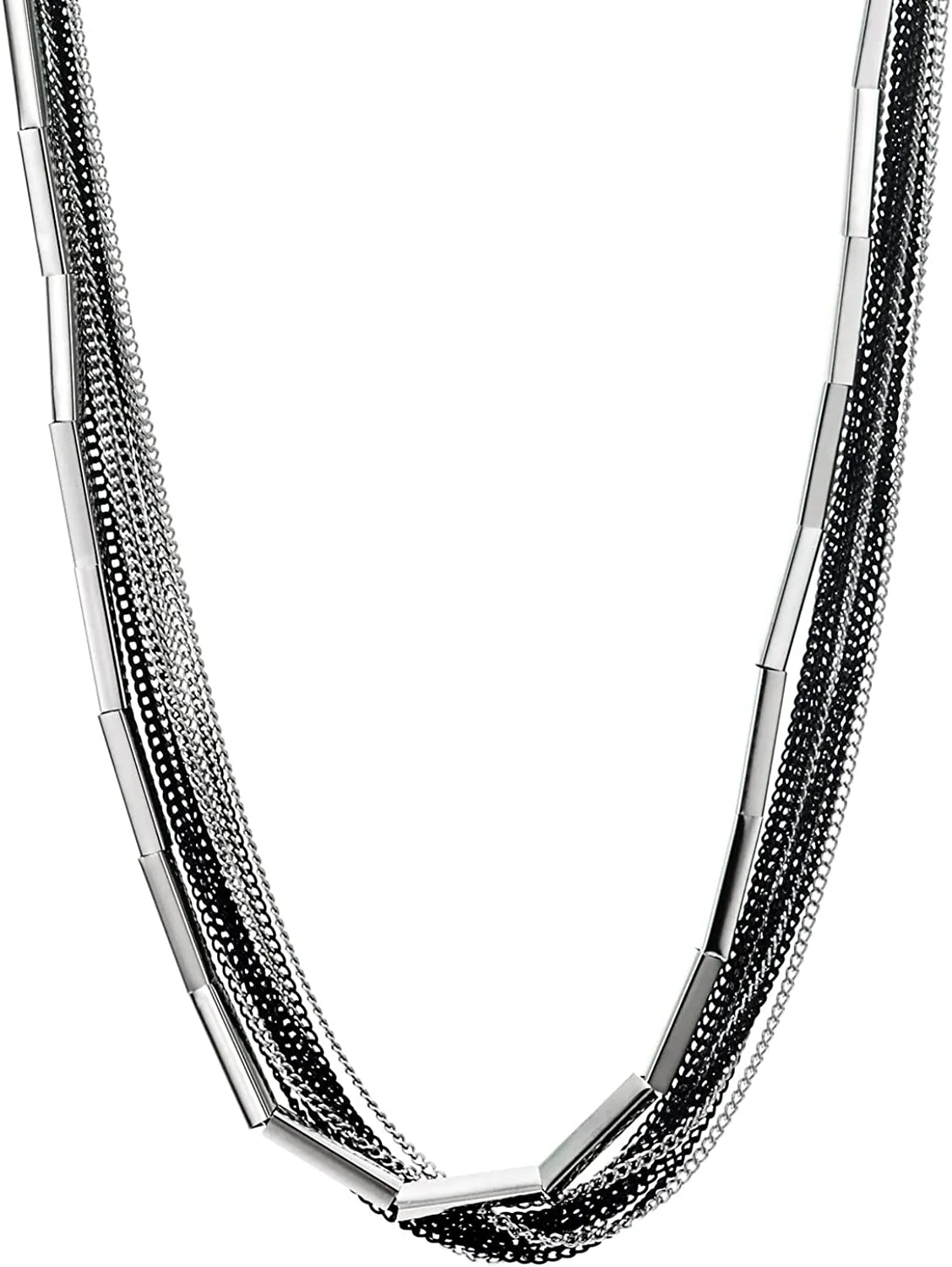 COOLSTEELANDBEYOND Silver Black Long Statement Necklace, Multi-Strand Layered Chain with Tube Charms Pendant, Minimalist