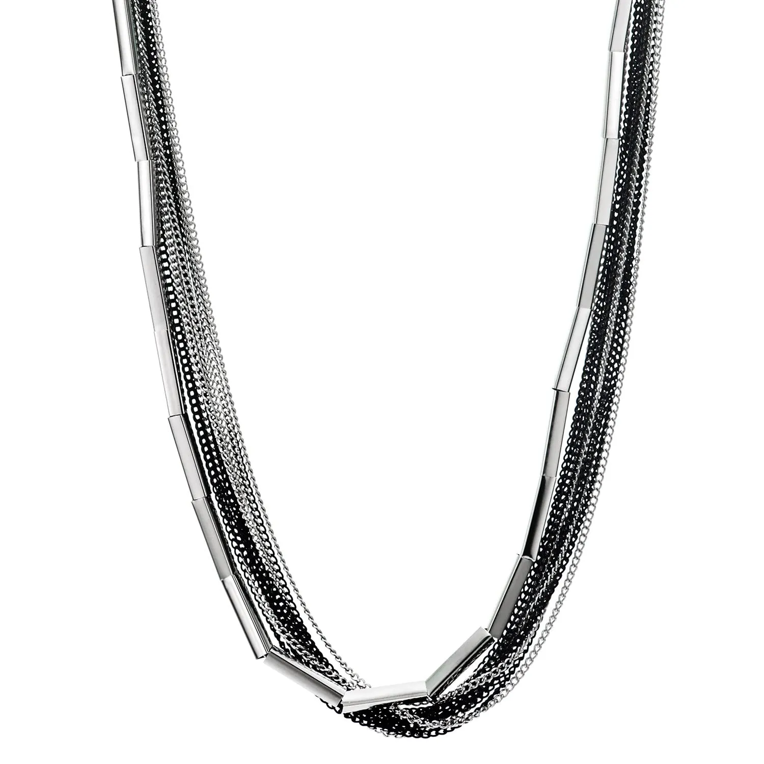 COOLSTEELANDBEYOND Silver Black Long Statement Necklace, Multi-Strand Layered Chain with Tube Charms Pendant, Minimalist