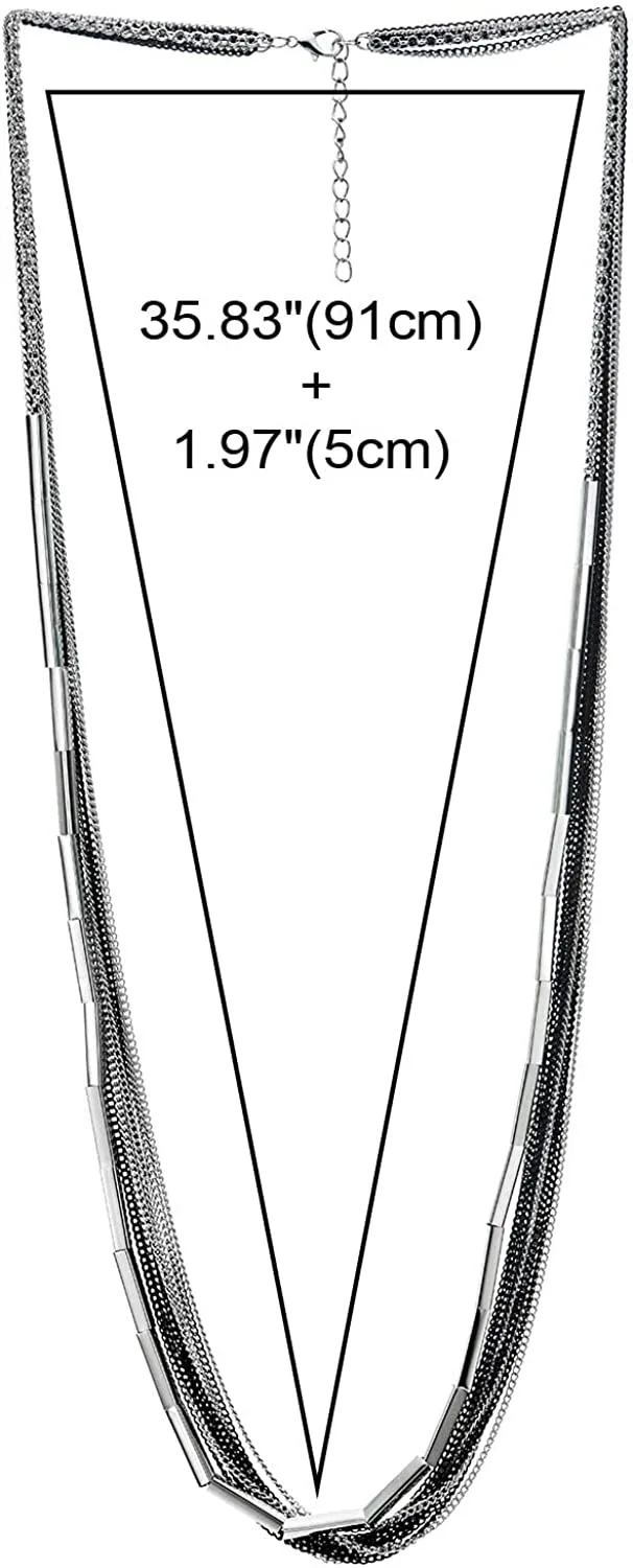 COOLSTEELANDBEYOND Silver Black Long Statement Necklace, Multi-Strand Layered Chain with Tube Charms Pendant, Minimalist