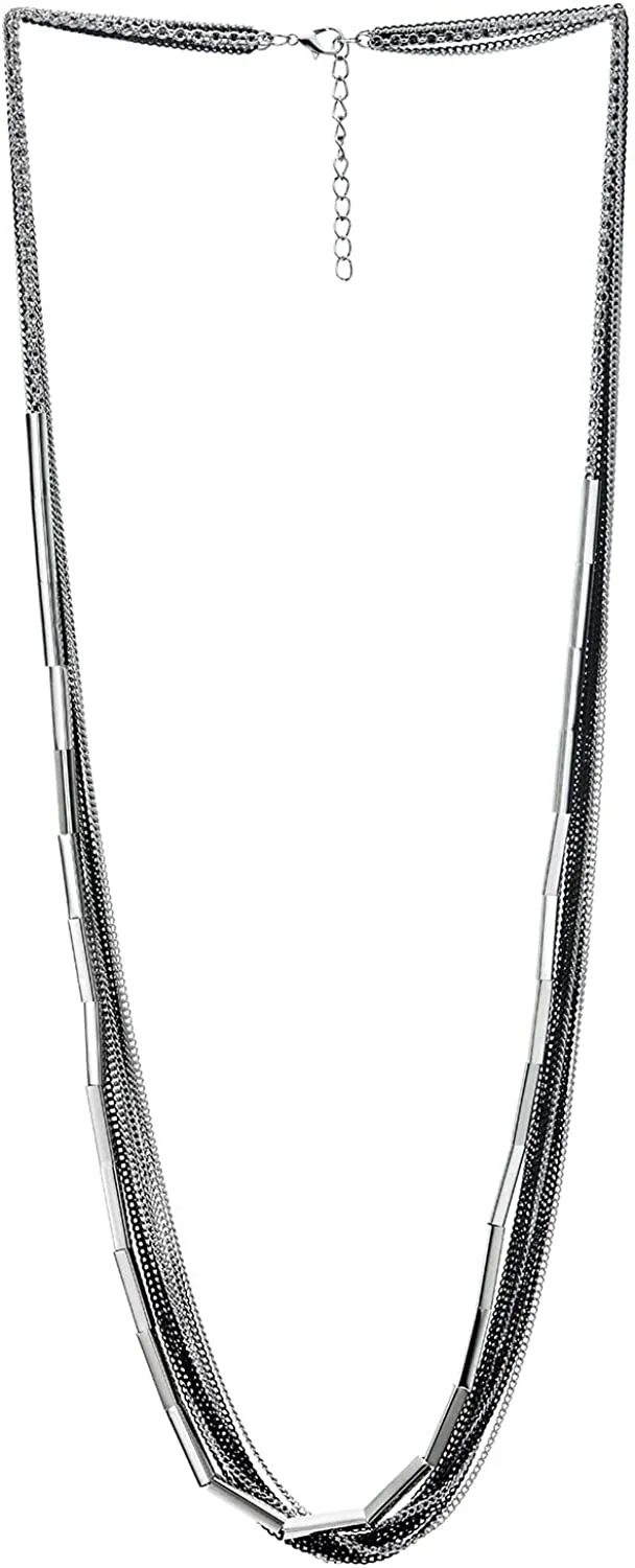 COOLSTEELANDBEYOND Silver Black Long Statement Necklace, Multi-Strand Layered Chain with Tube Charms Pendant, Minimalist