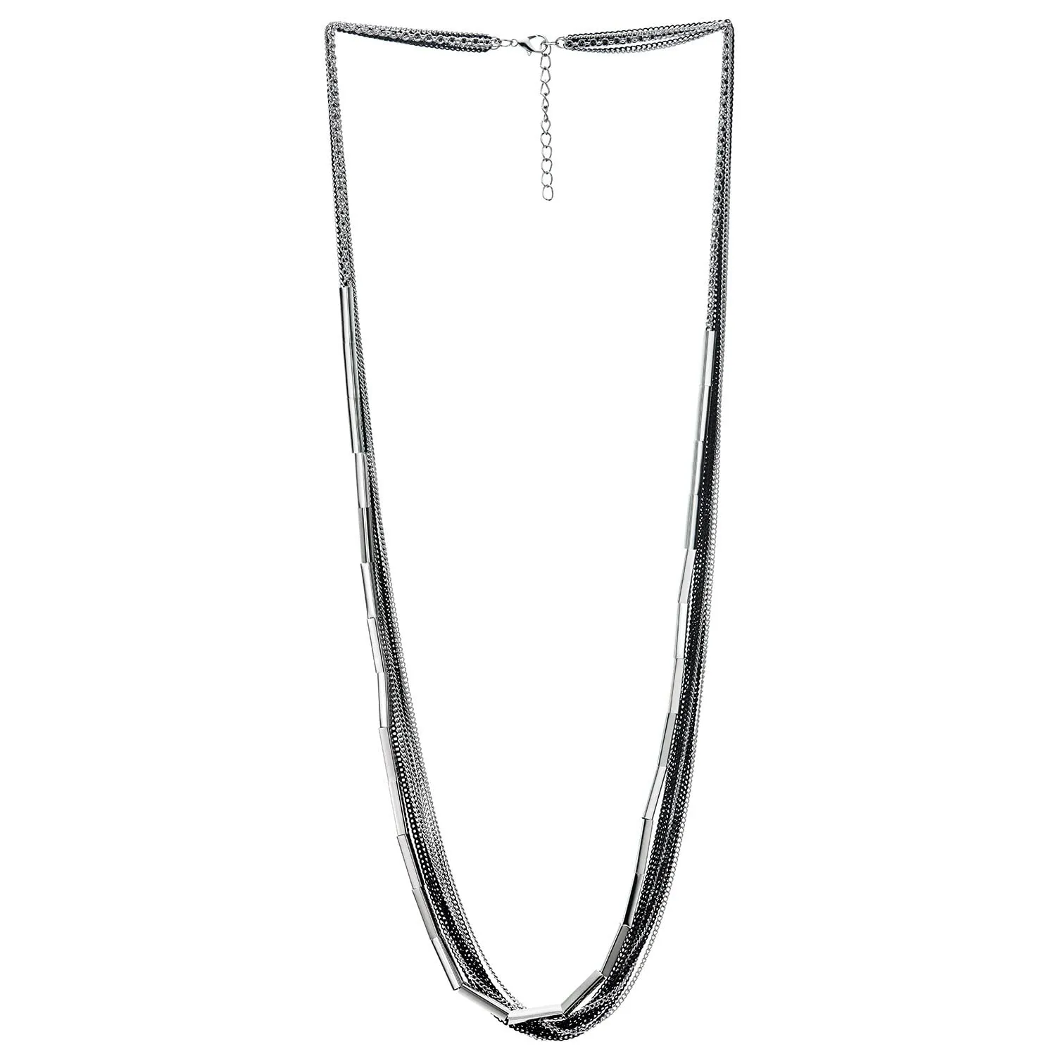 COOLSTEELANDBEYOND Silver Black Long Statement Necklace, Multi-Strand Layered Chain with Tube Charms Pendant, Minimalist