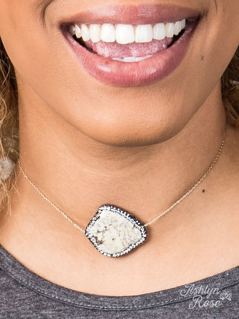 Cream Stone Pendant with Clear Crystal Accents on Gold Chain Choker