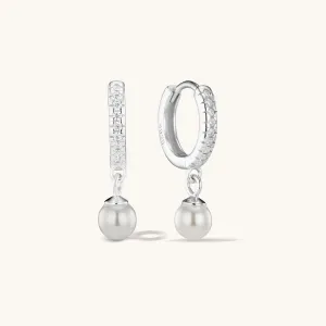 Crystal Pearl Hoop Earrings Silver