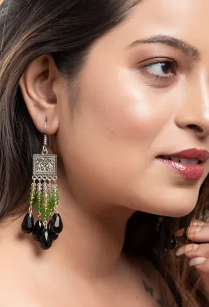 Designer Handmade Earrings - Oxidised Silver with White, Green & Black Crystals Drop