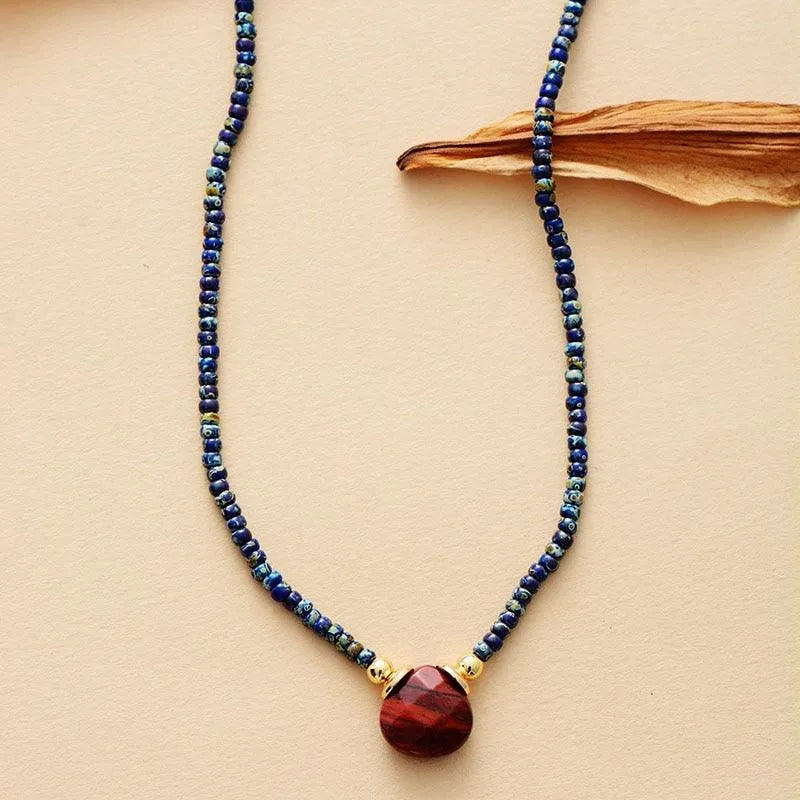 'Dhala' Seed Beads & Red Jasper Pendant Necklace