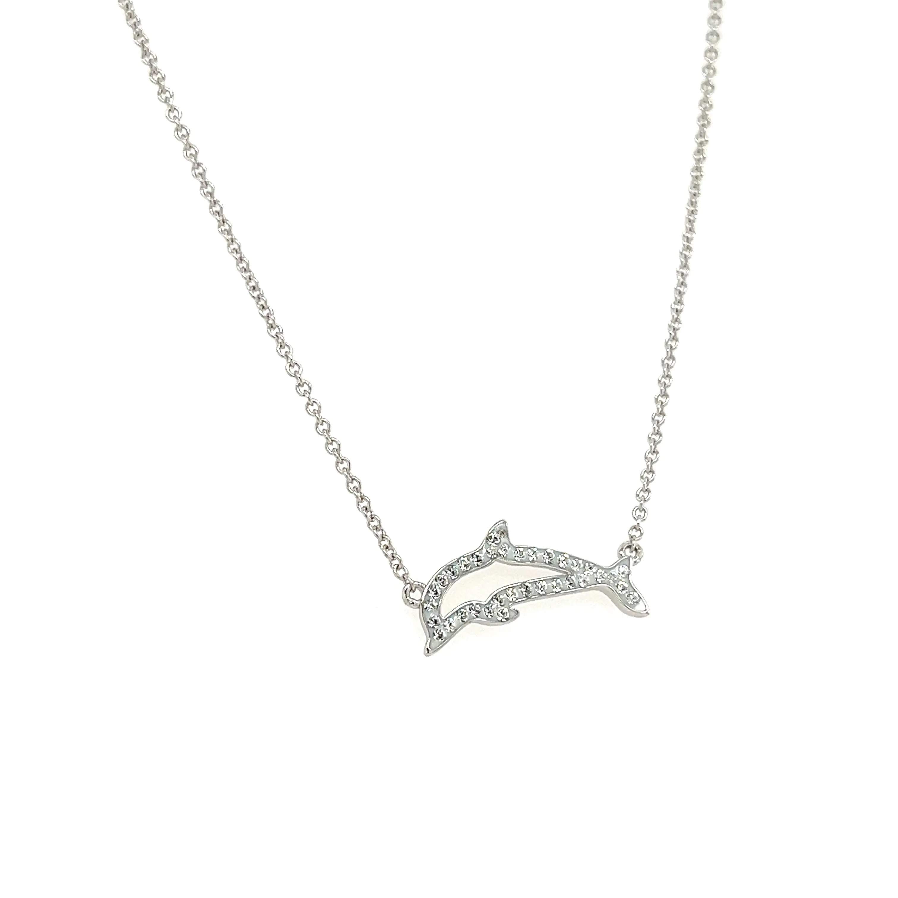 Dolphin Necklace with White Crystals in Sterling Silver