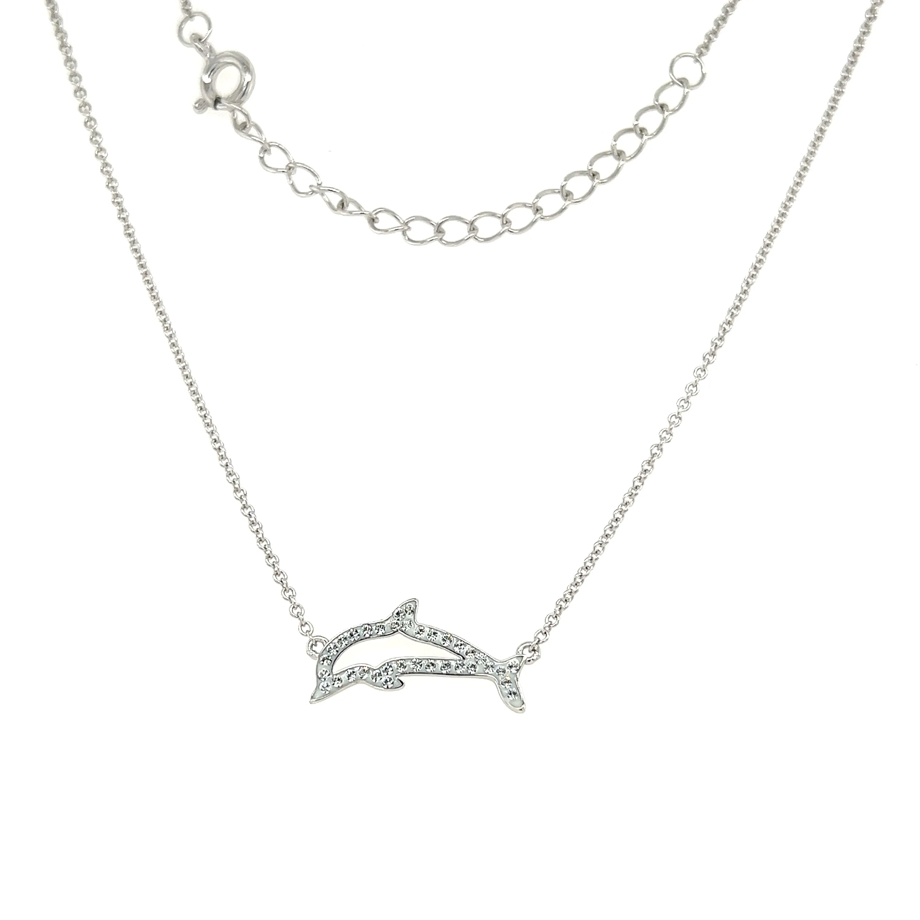 Dolphin Necklace with White Crystals in Sterling Silver