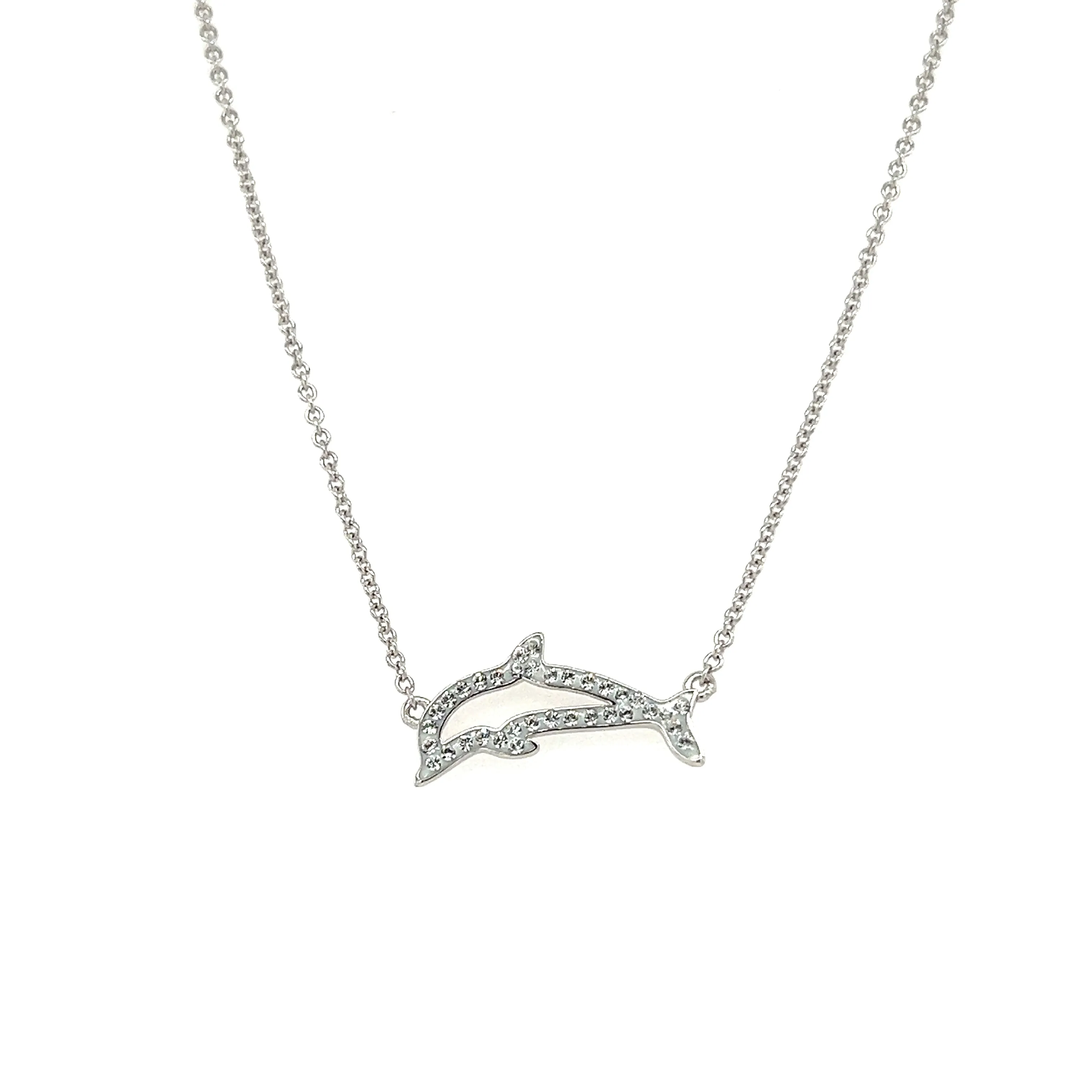 Dolphin Necklace with White Crystals in Sterling Silver