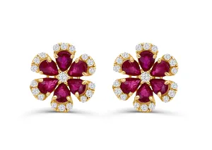 Earrings 18kt Gold 6 Petals Flowers Ruby & Diamonds