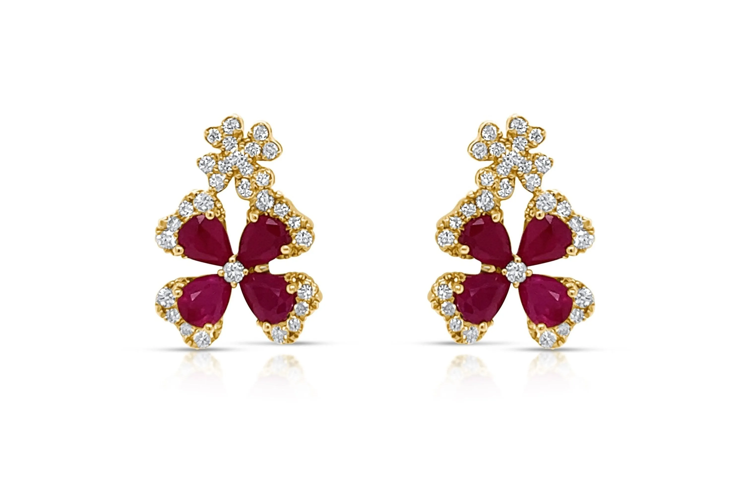 Earrings 18kt Yellow Gold Two Flowers Rubies & Diamonds