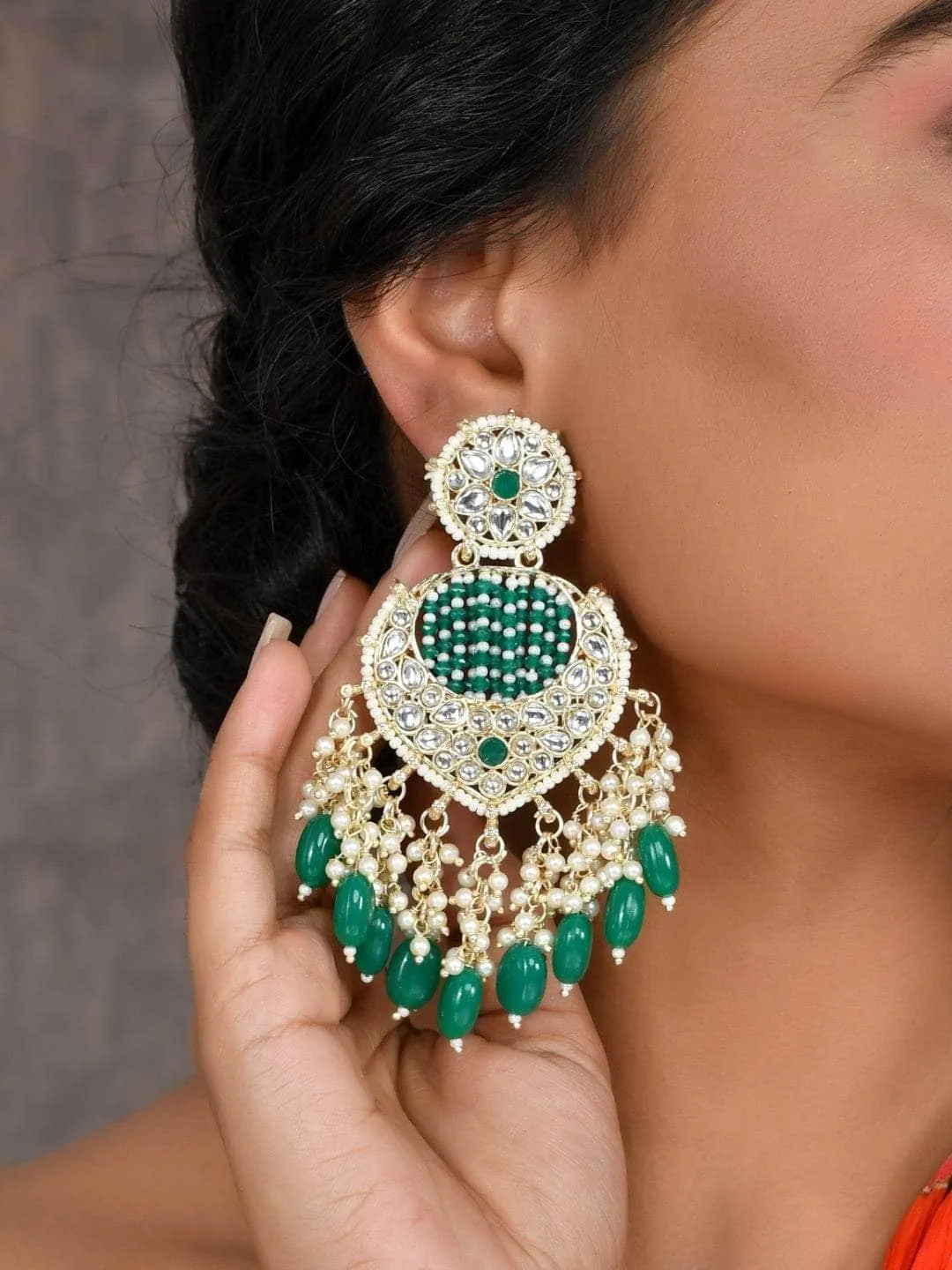 Enchanting Green Chandbali Kundan Pearl Earrings