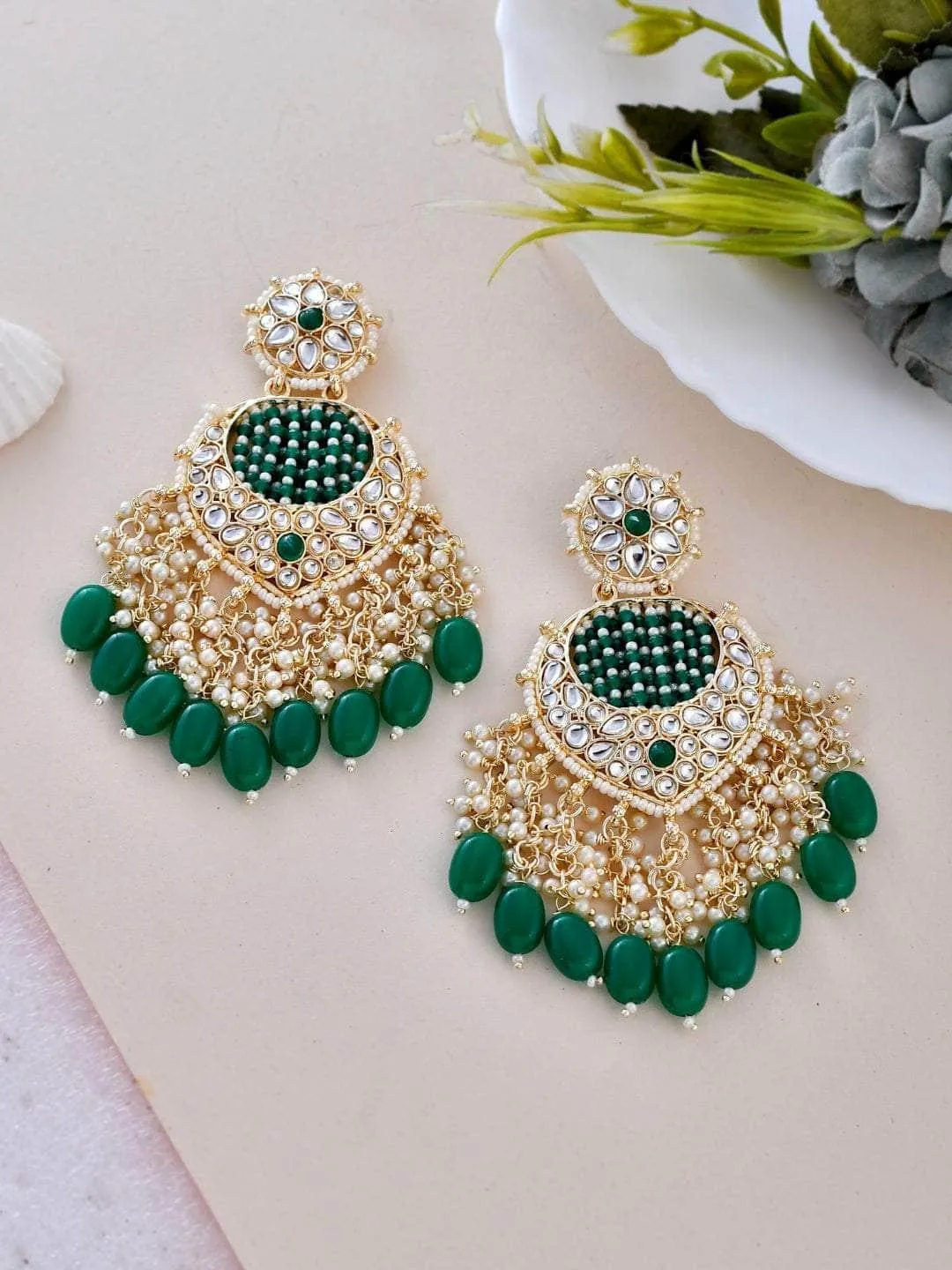 Enchanting Green Chandbali Kundan Pearl Earrings