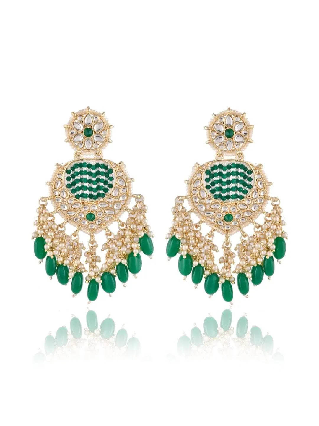 Enchanting Green Chandbali Kundan Pearl Earrings