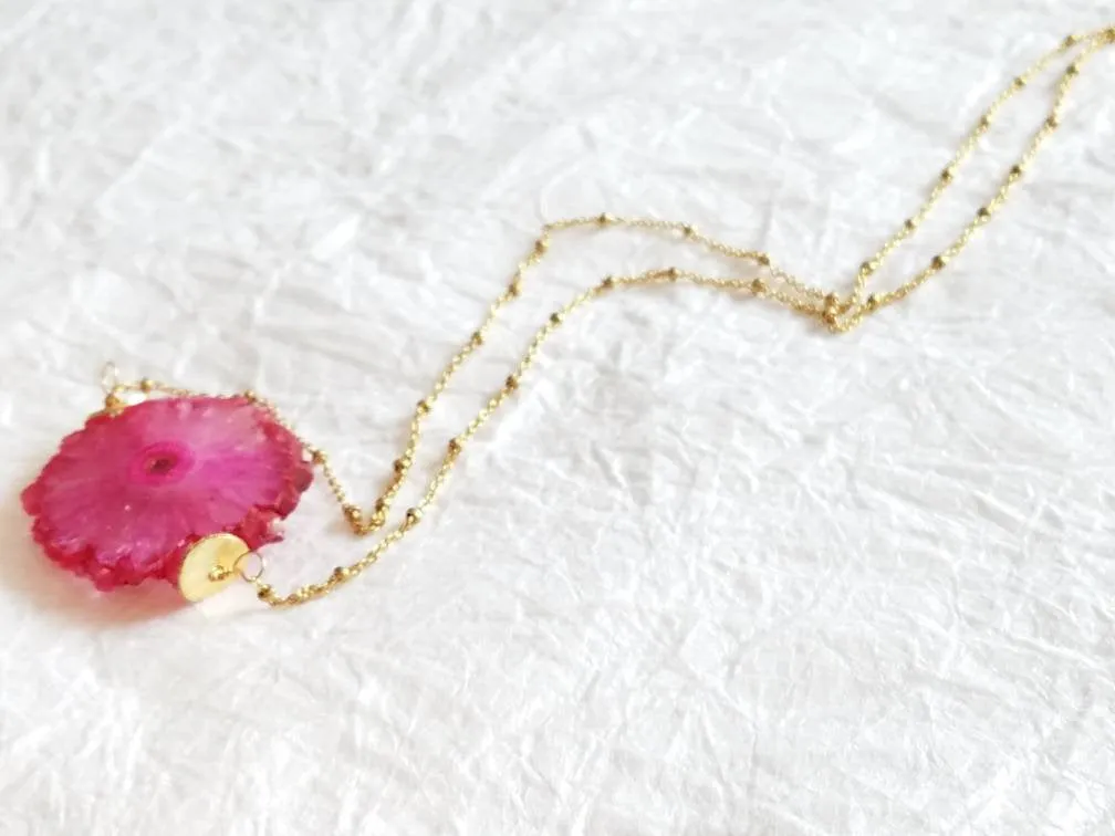 Fuschia Stalactite Slice Dainty Gold Satellite Chain Necklace, The Peony Necklace