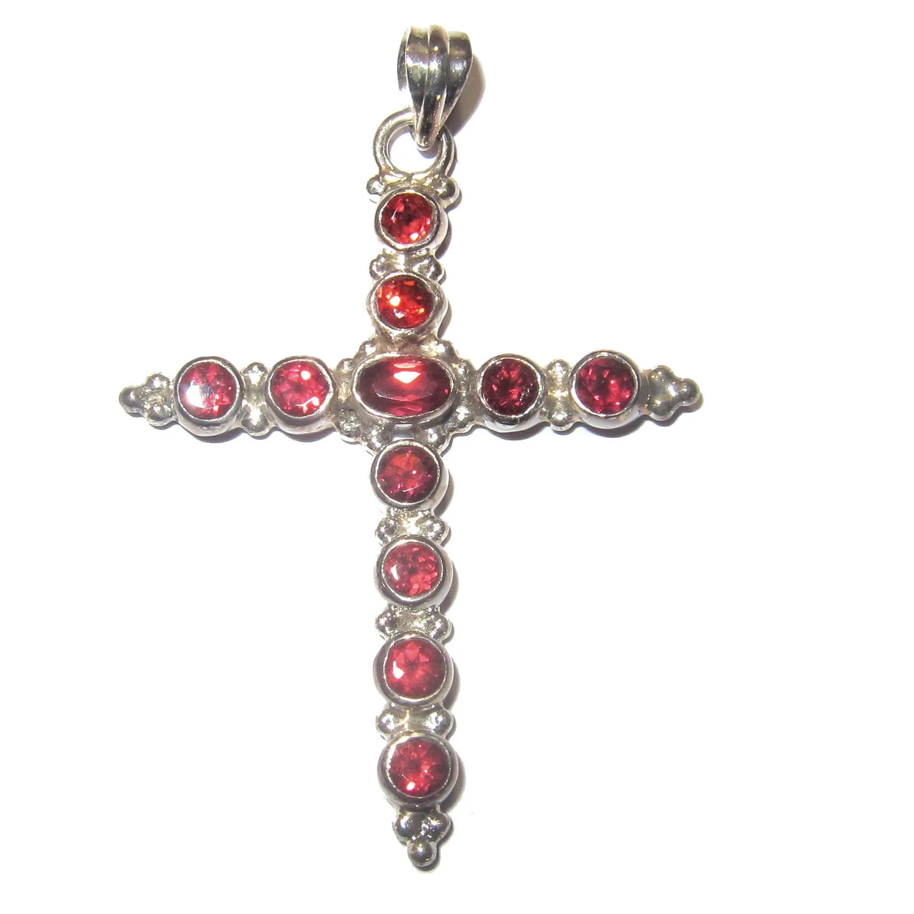 Garnet Pendant Holy Cross Protection Red Gems Sterling Silver