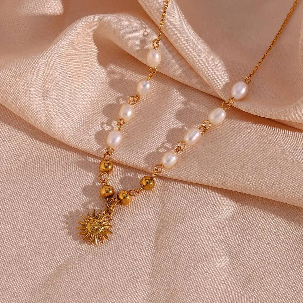 Gold Sun Pendant Necklace with Pearls – Trendy Jewellery for Women