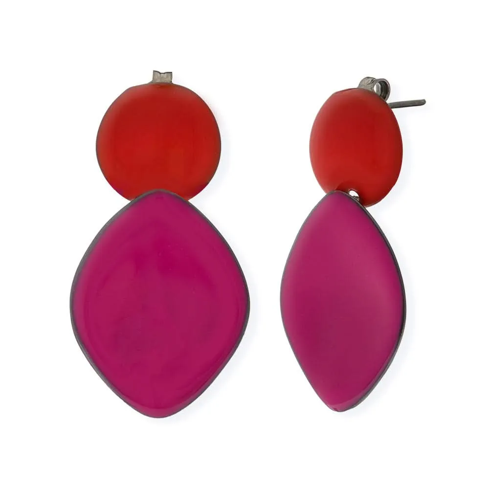 Handmade Rhodium Plated Silver Dangle Earrings with Red & Fucsia Enamel