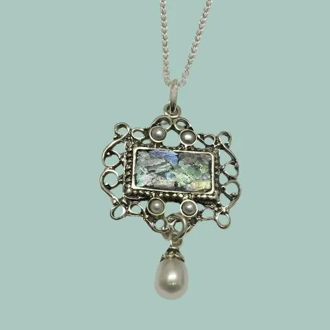 Israeli Roman glass necklace for woman. Amazing Sterling silver necklace set with authentic Roman glass