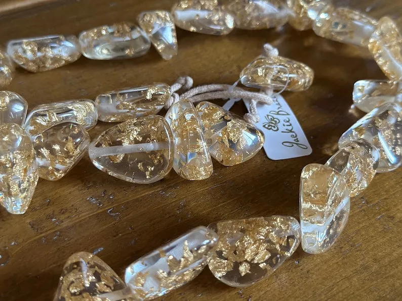 Jackie Brazil Clear Sugar Resin Gold Leaf Flintstone Bone Diamonds Necklace