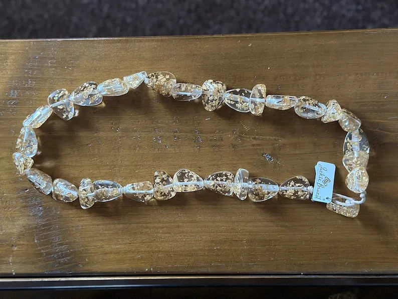 Jackie Brazil Clear Sugar Resin Gold Leaf Flintstone Bone Diamonds Necklace