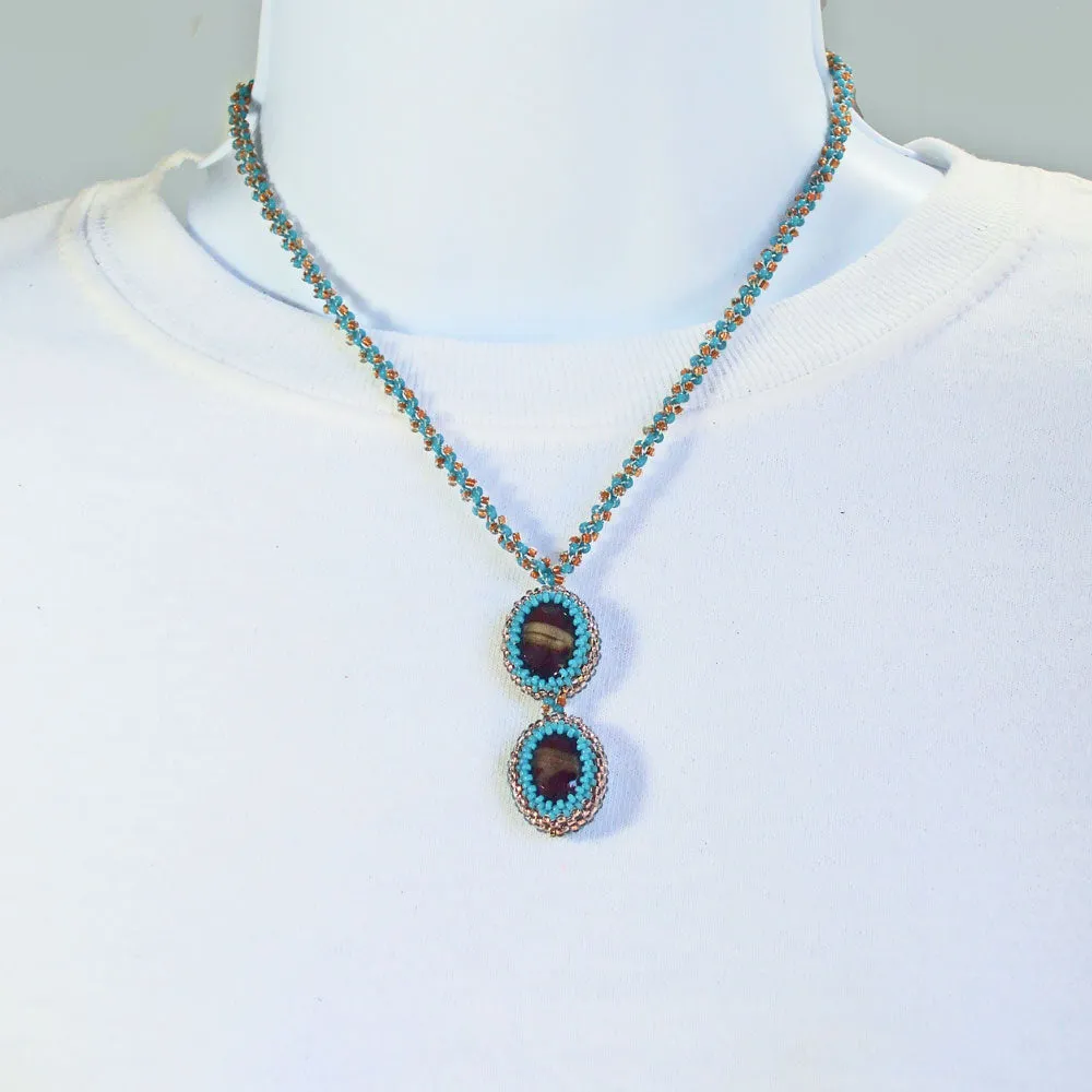 Kalid, Twin Beaded Bezel Cabochon Pendant, Necklace