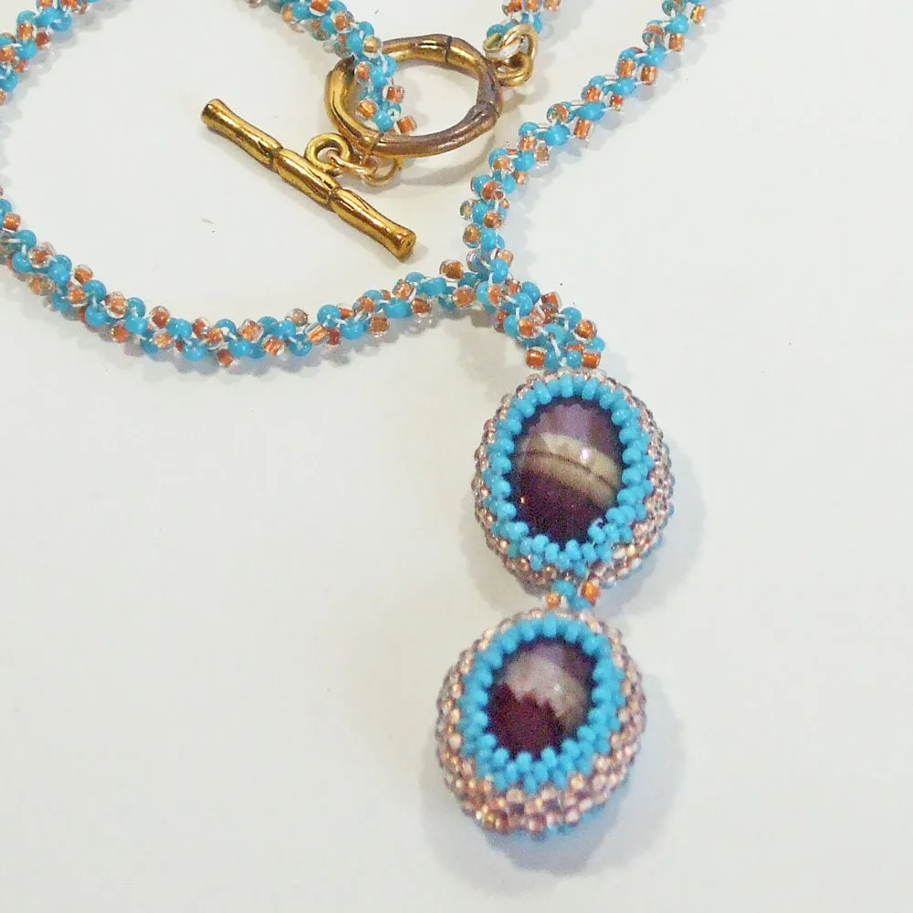 Kalid, Twin Beaded Bezel Cabochon Pendant, Necklace