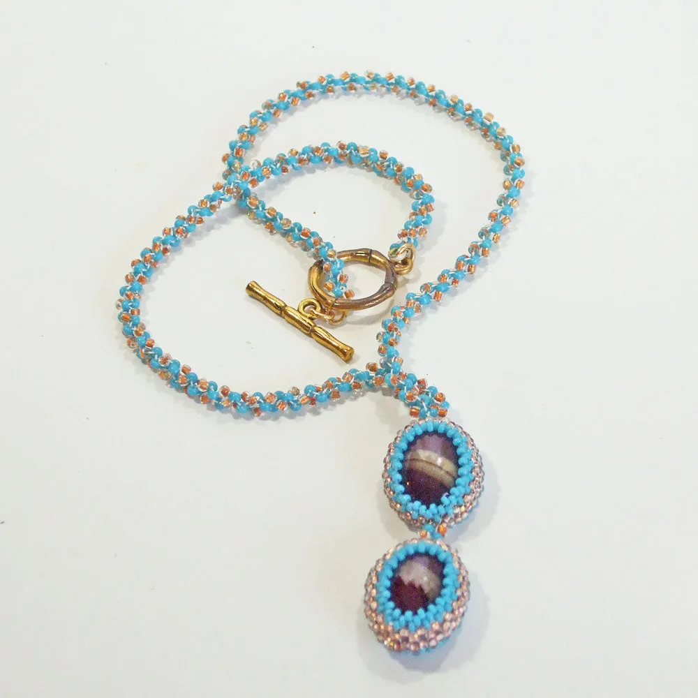 Kalid, Twin Beaded Bezel Cabochon Pendant, Necklace