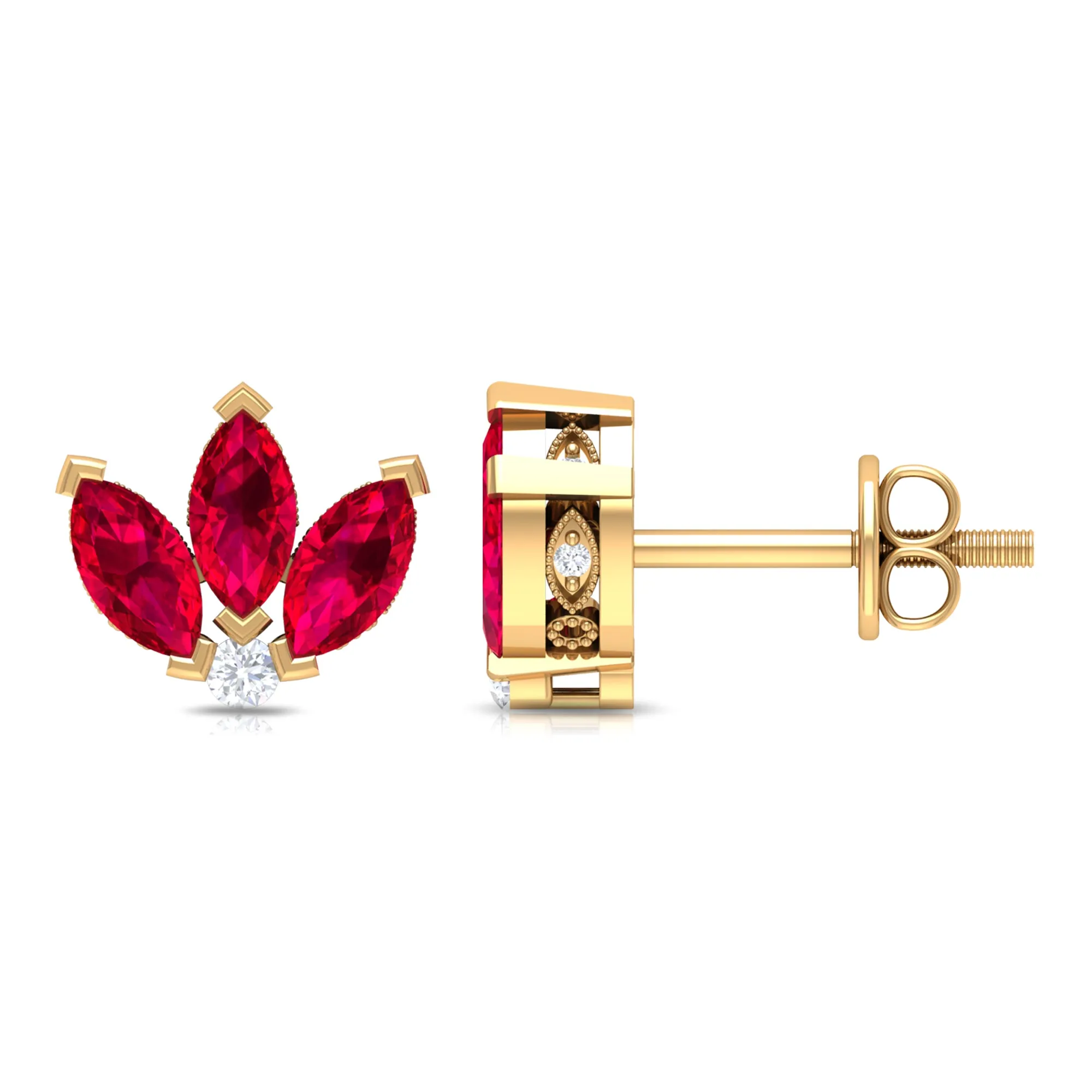 Marquise Cut Lab Grown Ruby Flower Stud Earrings with Diamond