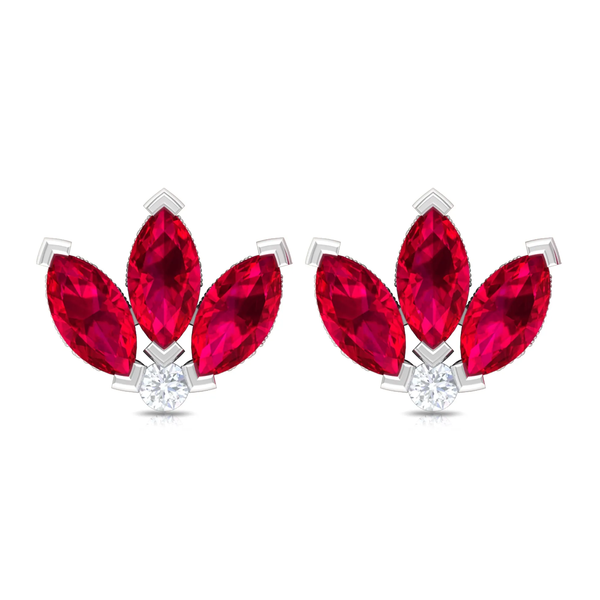 Marquise Cut Lab Grown Ruby Flower Stud Earrings with Diamond