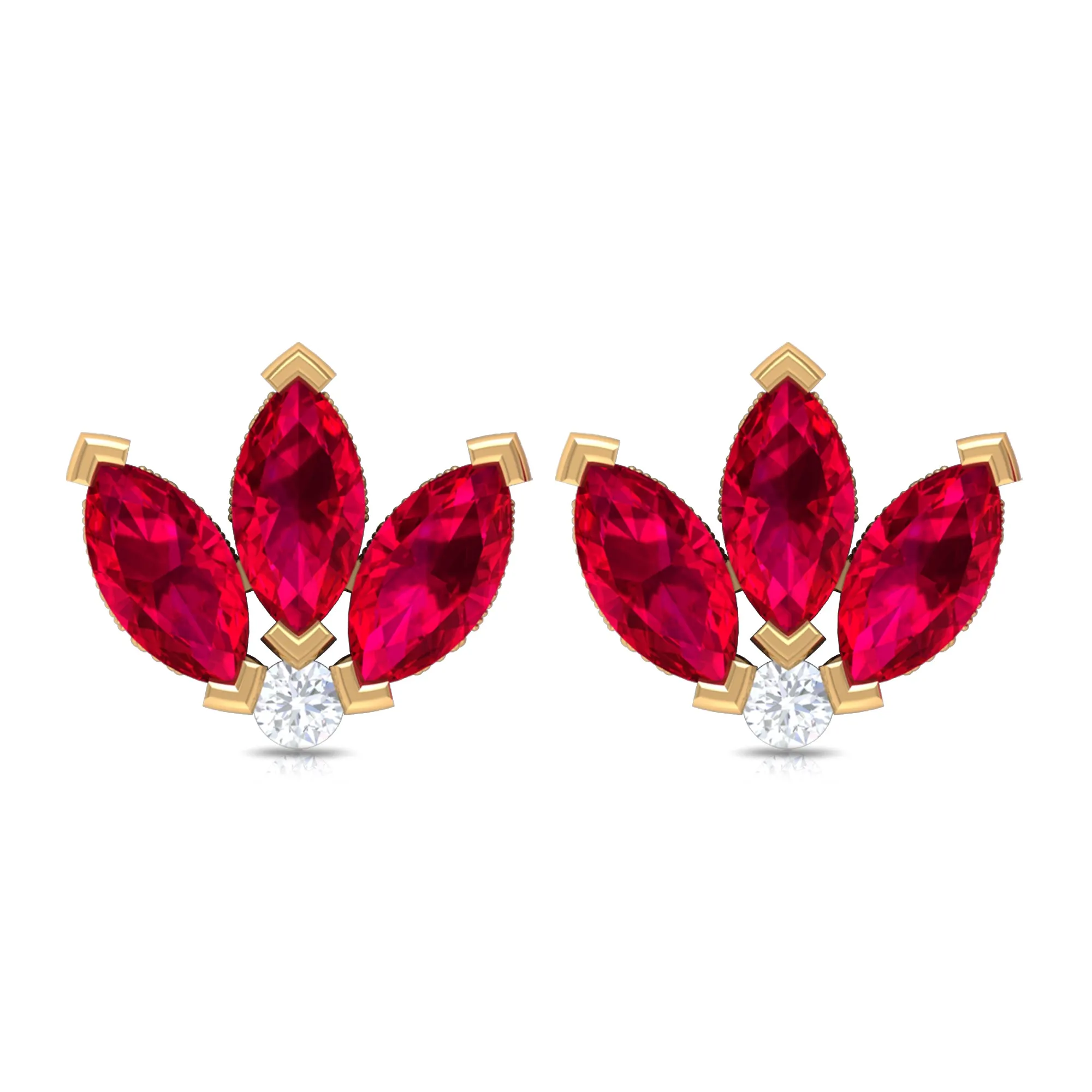 Marquise Cut Lab Grown Ruby Flower Stud Earrings with Diamond