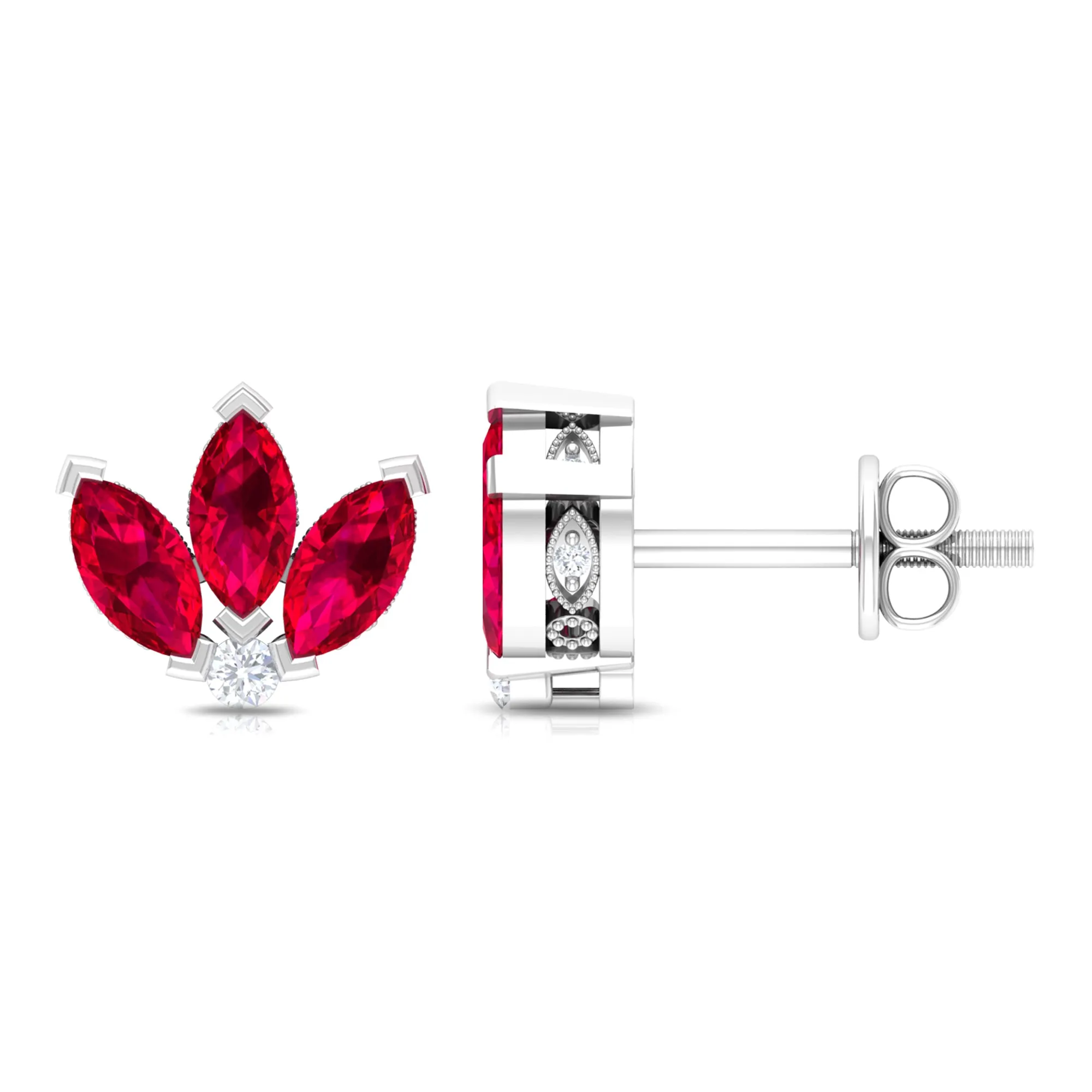 Marquise Cut Lab Grown Ruby Flower Stud Earrings with Diamond