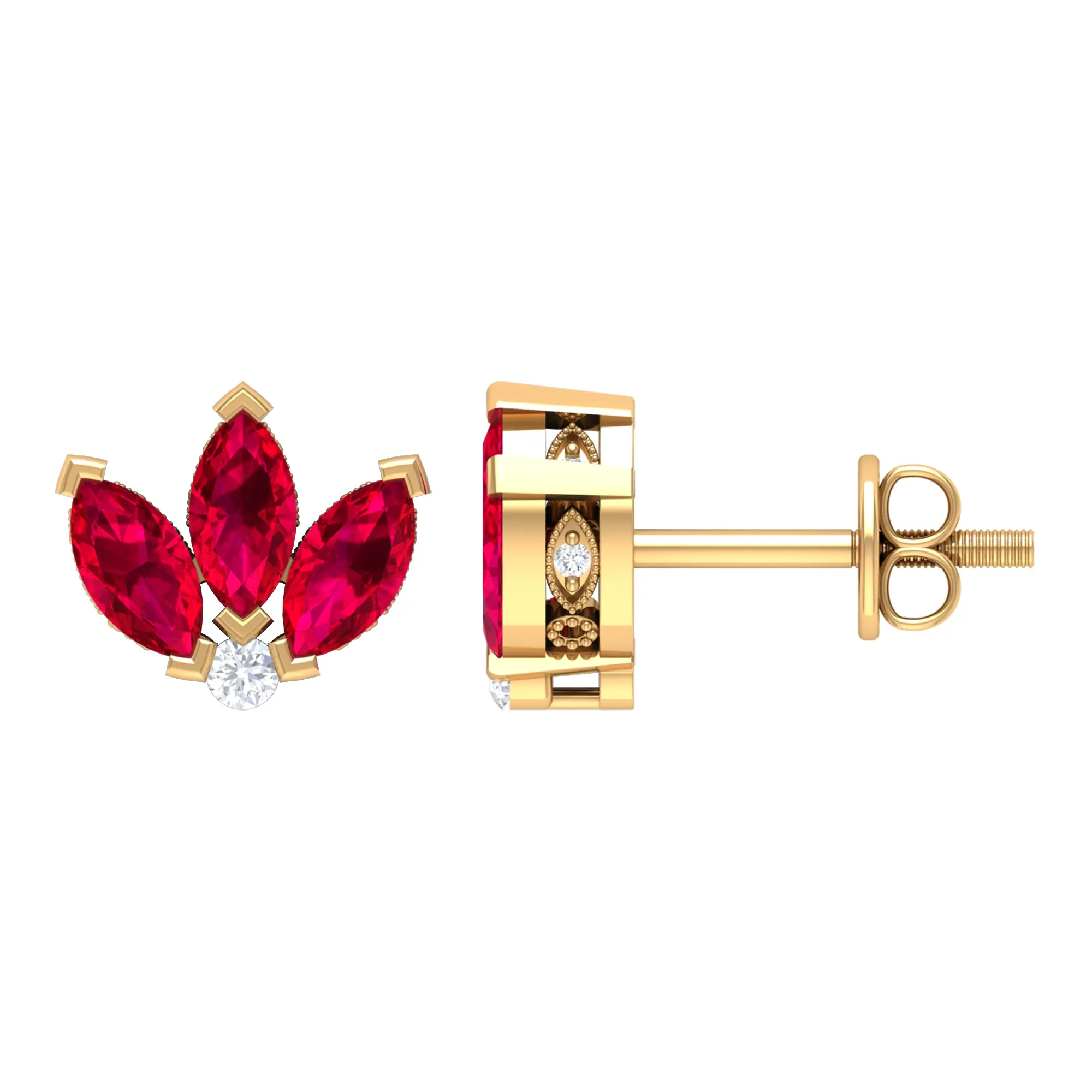 Marquise Cut Lab Grown Ruby Flower Stud Earrings with Diamond