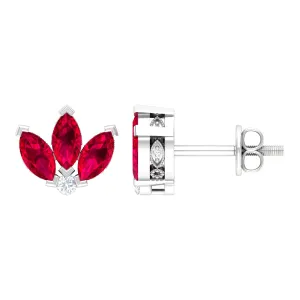 Marquise Cut Lab Grown Ruby Flower Stud Earrings with Diamond