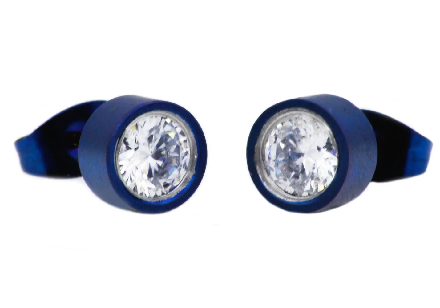 Mens 6mm Blue Plated Stainless Steel Stud Earrings With Cubic Zirconia