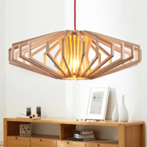 Modern UFO Wood Ceiling Pendant with Single Beige Suspension Light for Bedroom