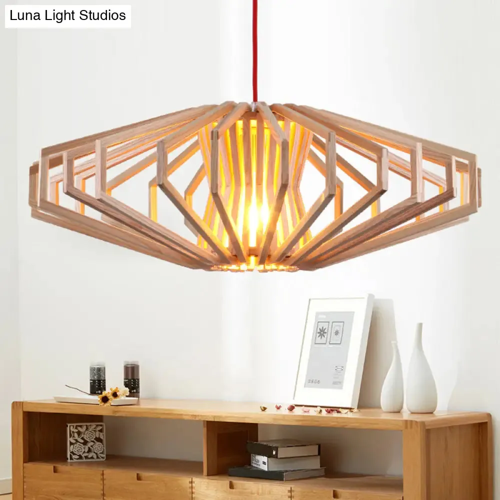 Modern UFO Wood Ceiling Pendant with Single Beige Suspension Light for Bedroom