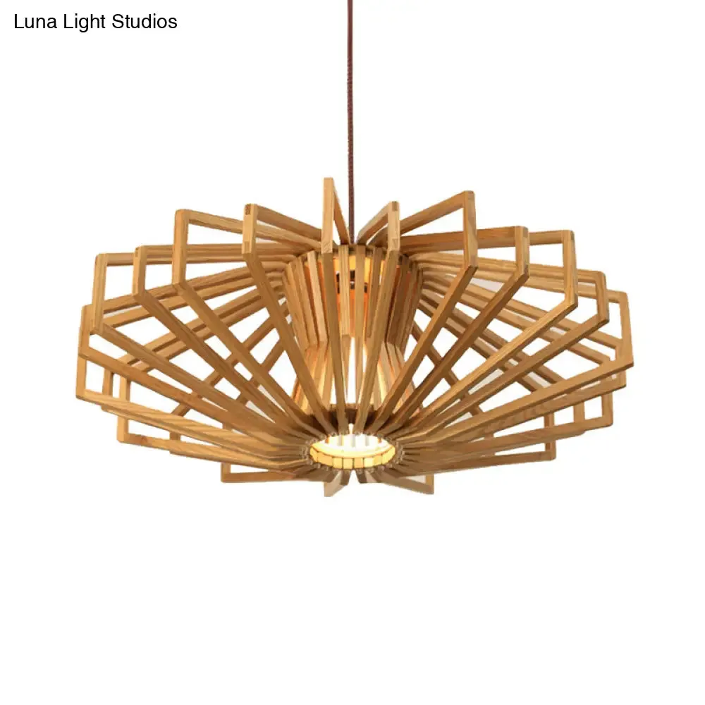 Modern UFO Wood Ceiling Pendant with Single Beige Suspension Light for Bedroom