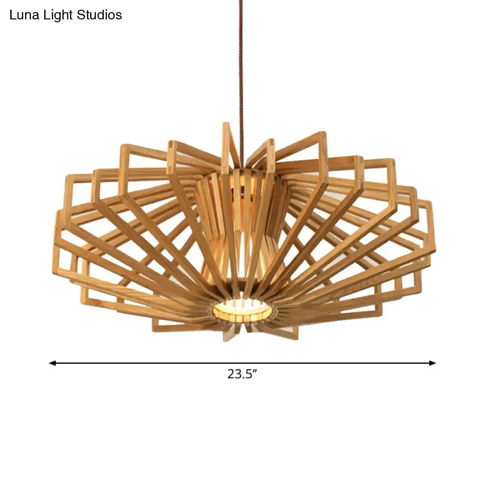 Modern UFO Wood Ceiling Pendant with Single Beige Suspension Light for Bedroom