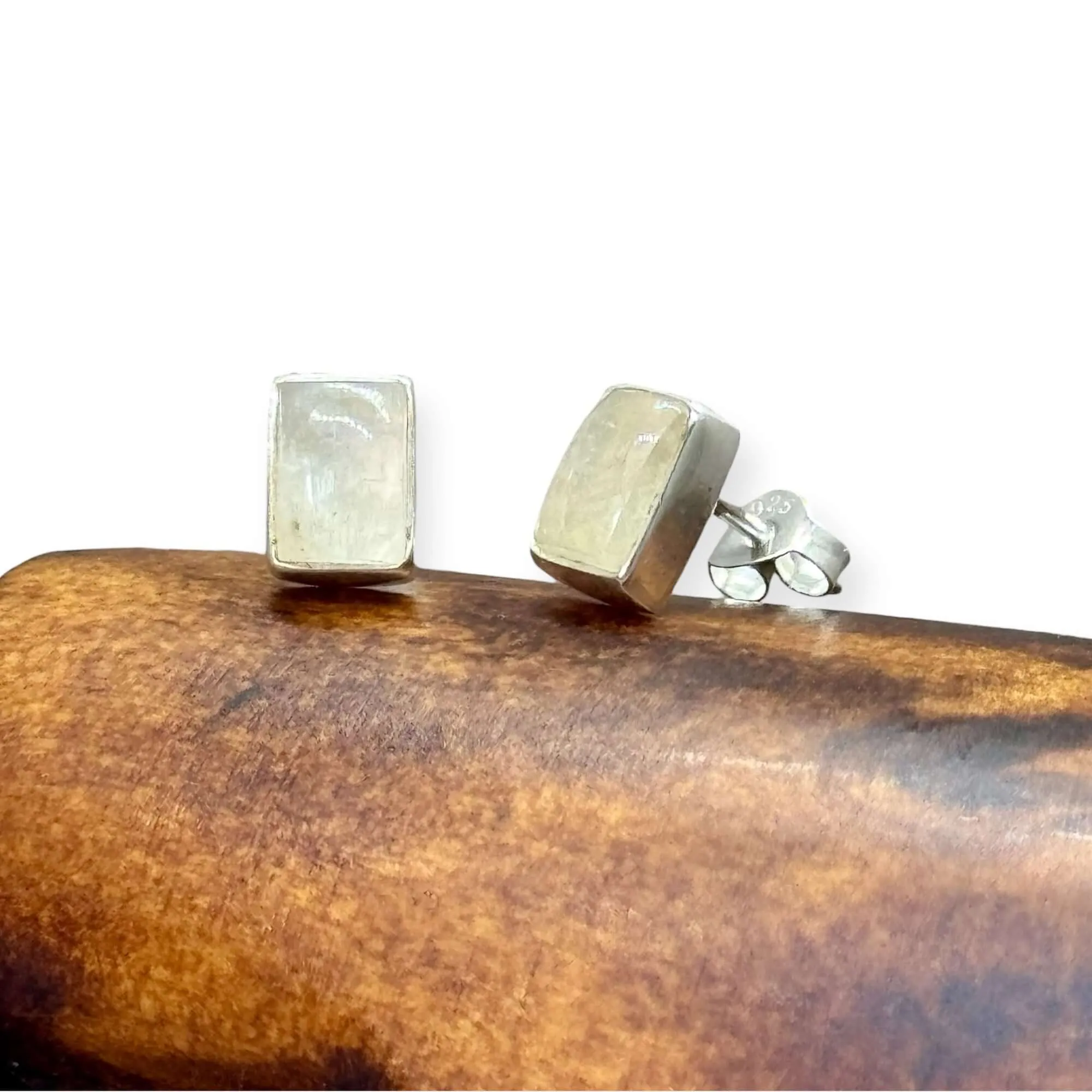 Moonstone Cabochon Rectangle Stud Earrings