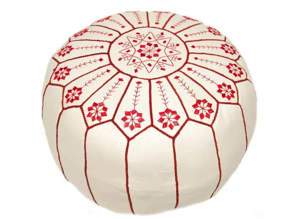 Moroccan Leather Ottoman - White & Red - Flowers