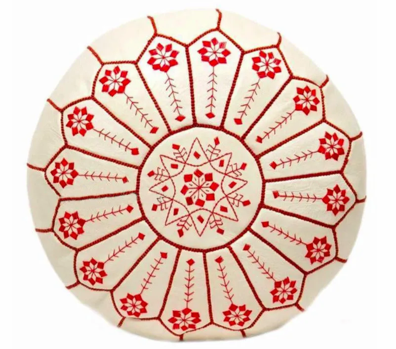 Moroccan Leather Ottoman - White & Red - Flowers