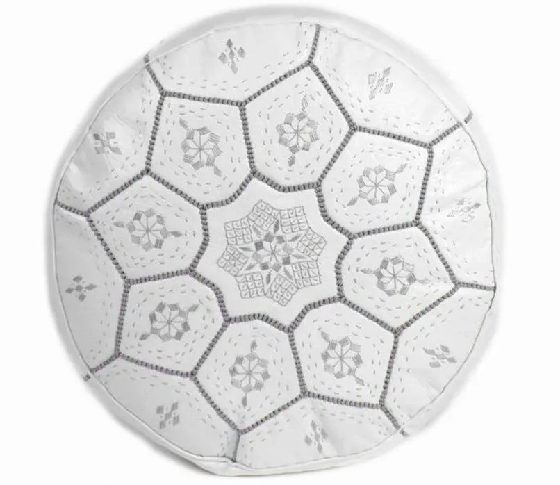 Moroccan Leather Tile Ottoman - White and Grey