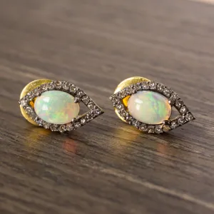 NATURAL OPAL DIAMONDS HALO STUD EARRINGS MARQUISE SHAPE SEEING EYE RUSTIC BOHO