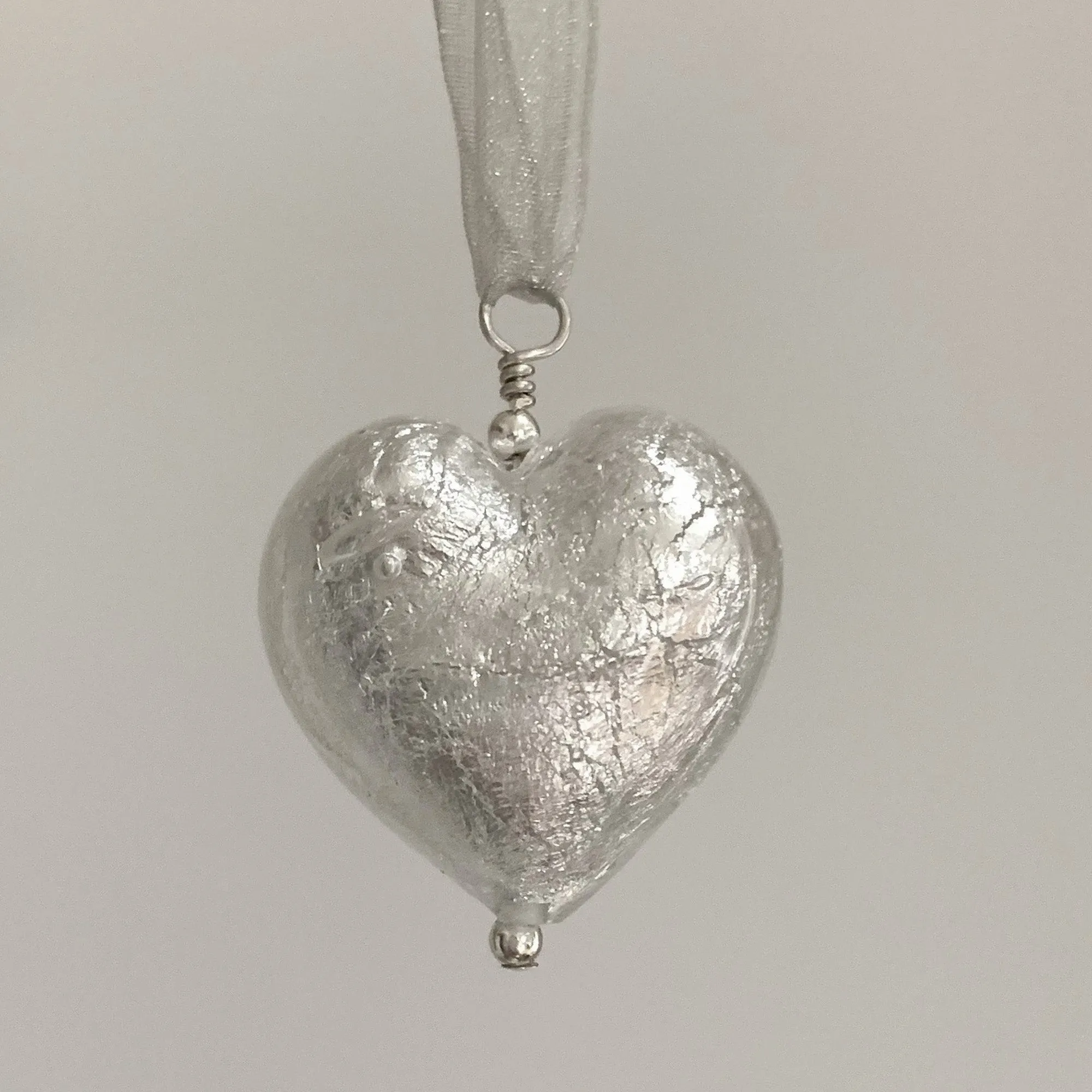 Necklace with clear crystal and white gold Murano glass large heart pendant on ribbon