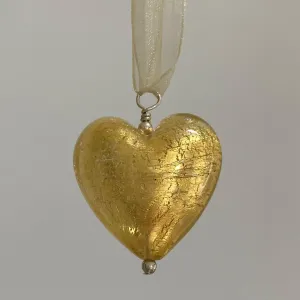 Necklace with light (pale) gold Murano glass large heart pendant on organza ribbon