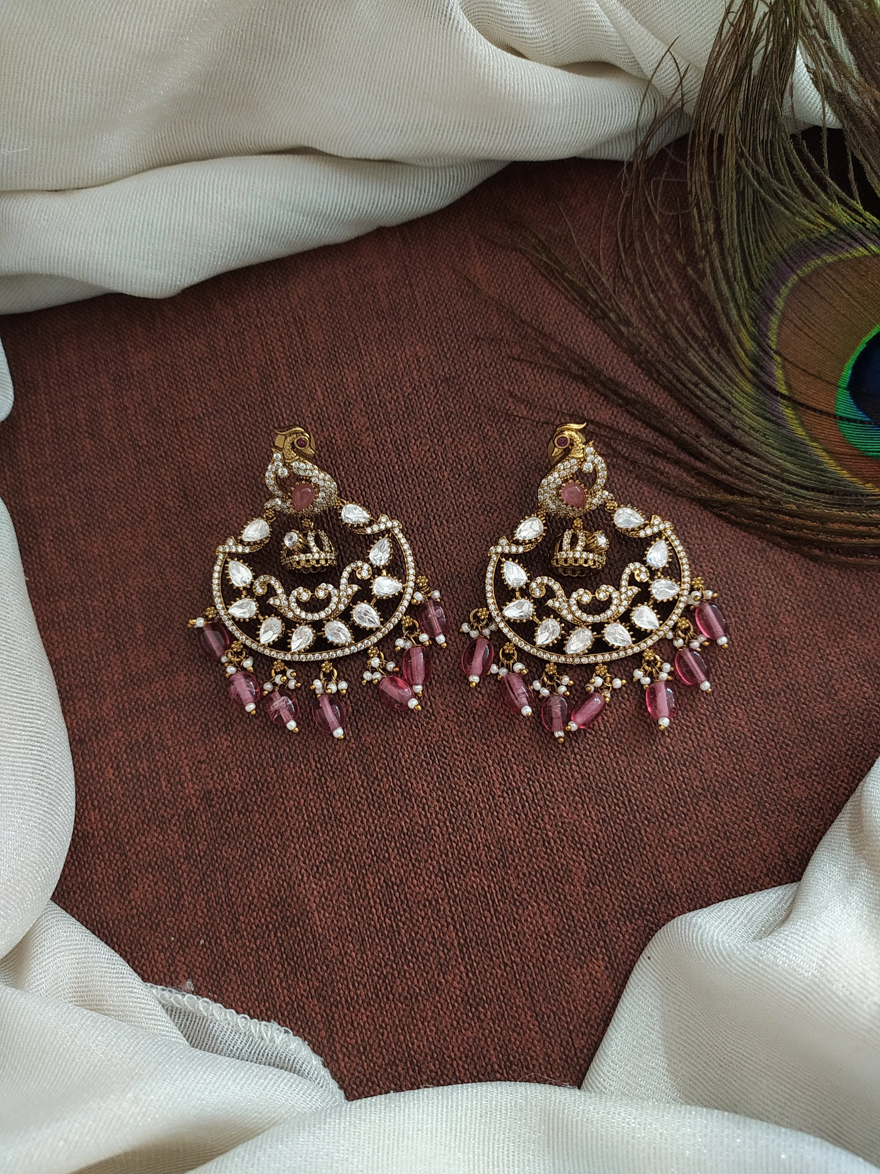 Opulent Victorian Peacock Studded Chandbali Earrings with Moissanite Stones